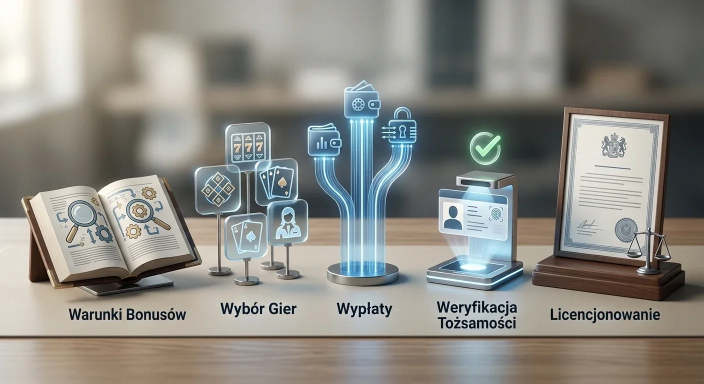 Redakcyjna ilustracja pięciu osi oceny kasyna: bonus, gry, wypłaty, KYC i licencja